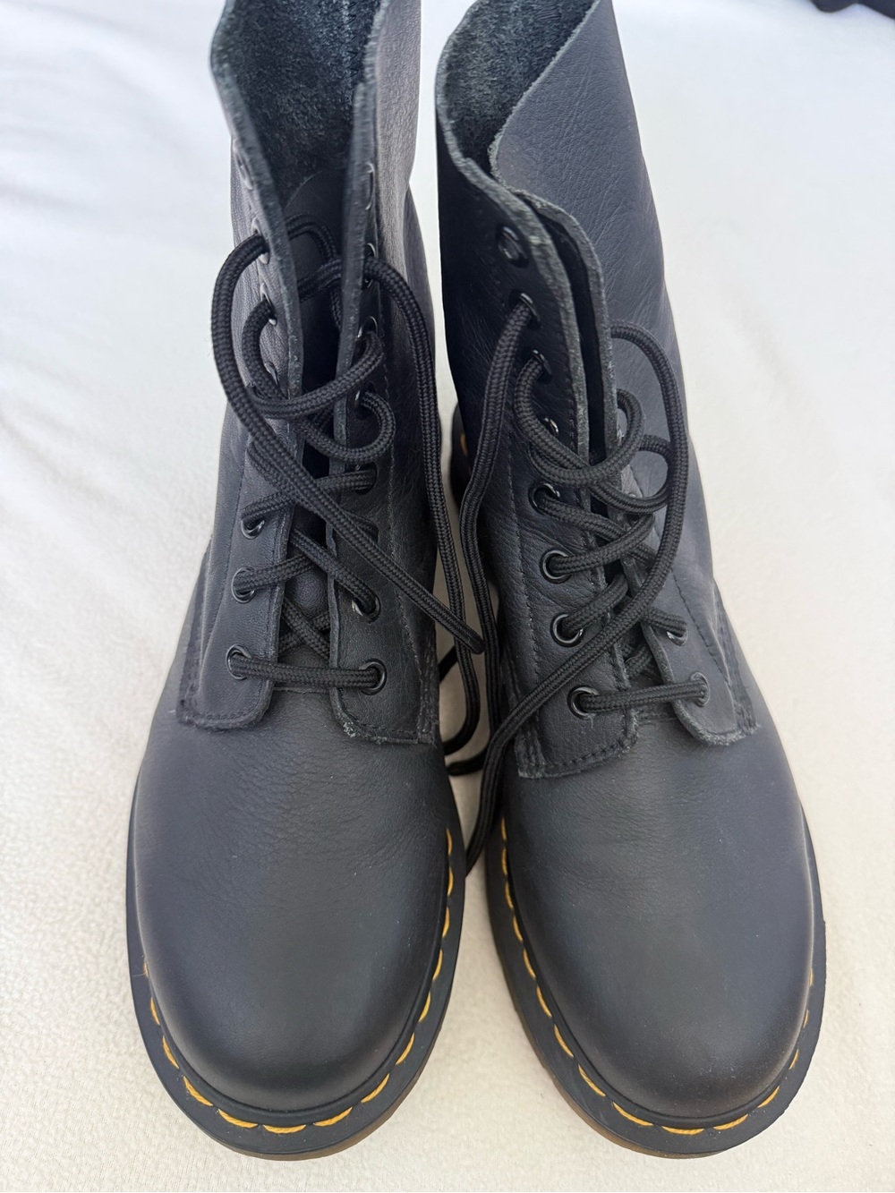 Dr. Martens Black Lace-Up Women's Combat Boots with Yellow Stitching